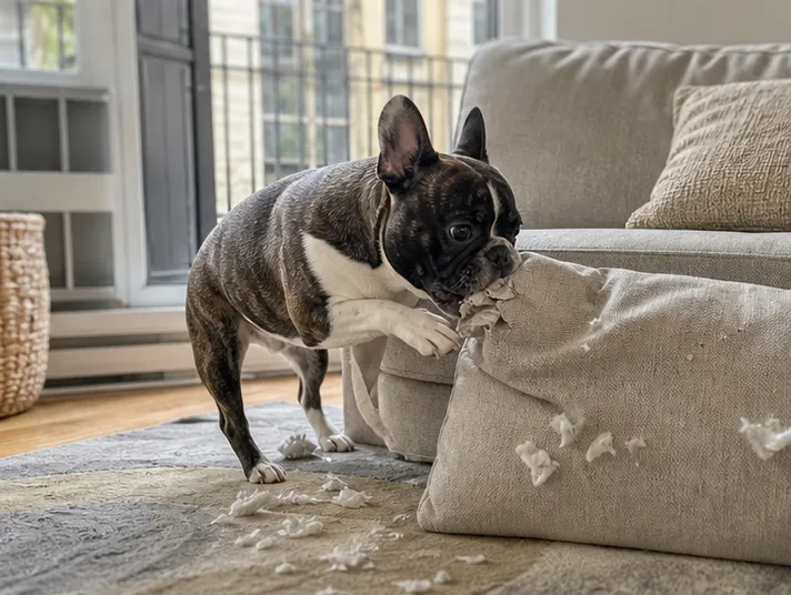 French bulldog chewing a sofa cushion
