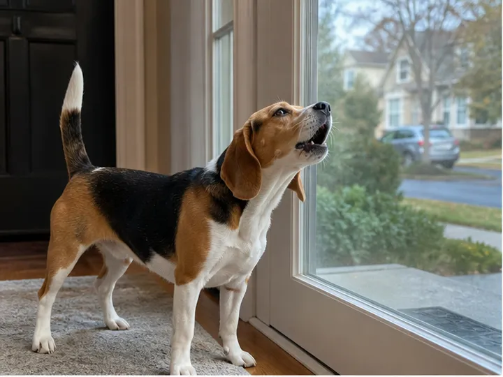 Beagle barking at a front window