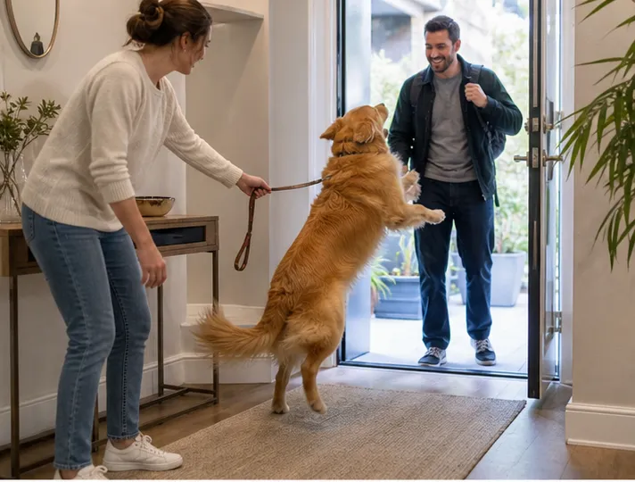 Golden retriever jumping as a visitor enters