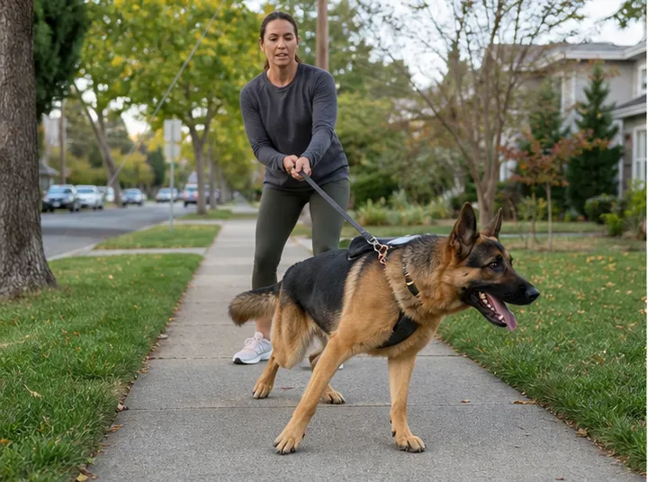 German shepherd pulling on a walk