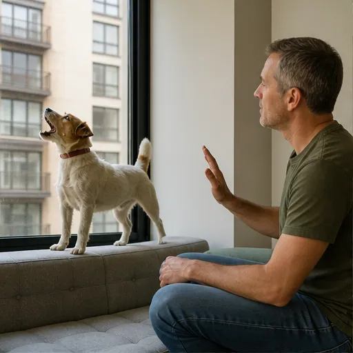 Terrier barking at an apartment window