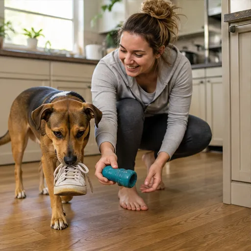 Mixed breed dog holding a shoe