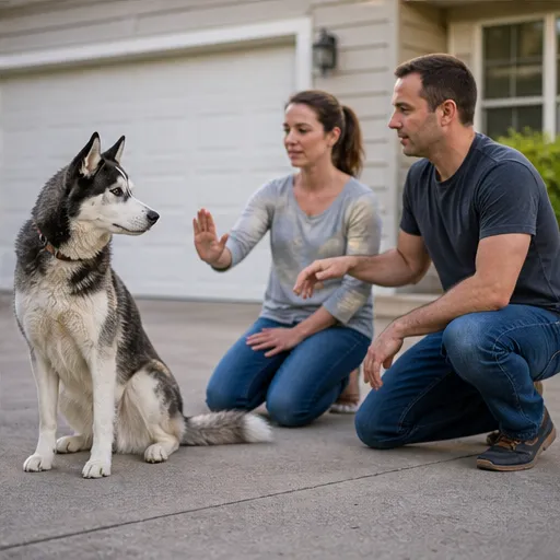Husky looking at owners during command training