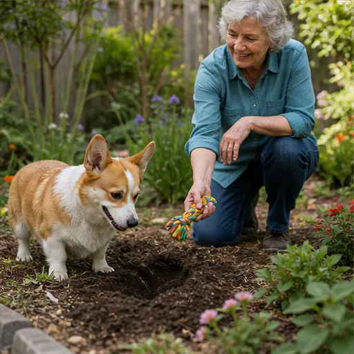 Corgi digging in a garden
