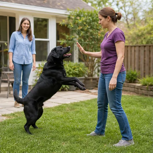 Black Labrador jumping during yard training