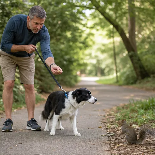 Border collie pulling toward a squirrel